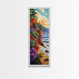 Ocean, Flowers, Cliff, Sunset, Framed Canvas Print, Vibrant Coastal Landscape, Dining Room Wall Art, Colorful Beachside Decor
