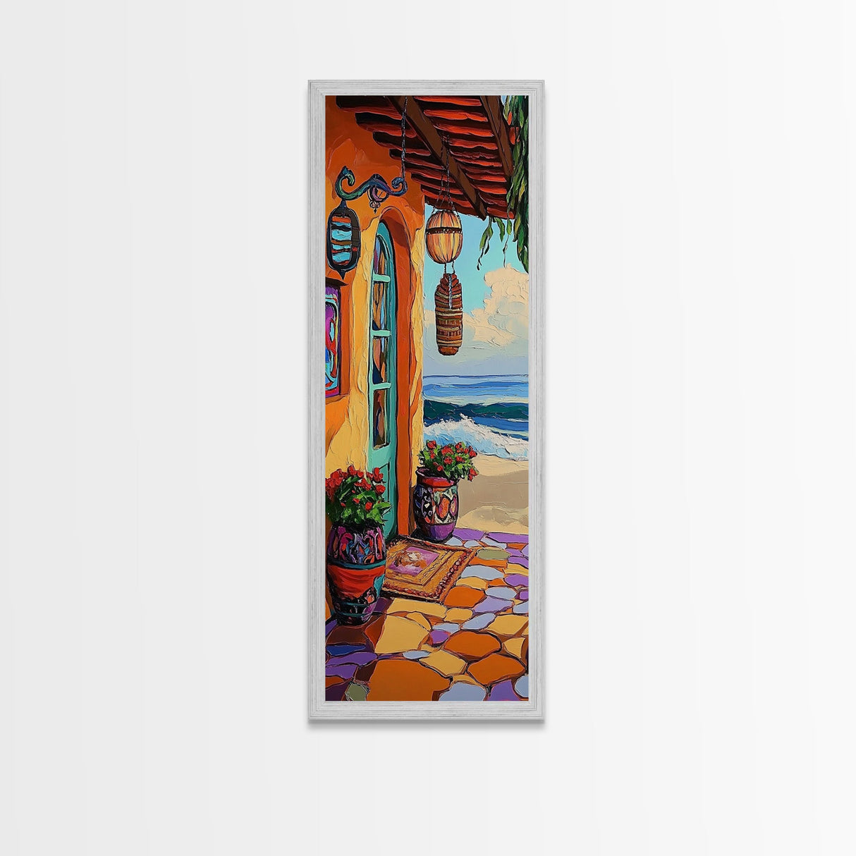 Porch, Beach, Pottery, Ocean, Canvas Print, Coastal Kitchen Wall Art, Warm Beachfront Decor, Vibrant Boho Mexican Style