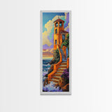Tower, Steps, Ocean, Chapel, Framed Canvas Print, Vibrant Seaside Wall Art, Entryway Decor, Coastal Sunset Scene