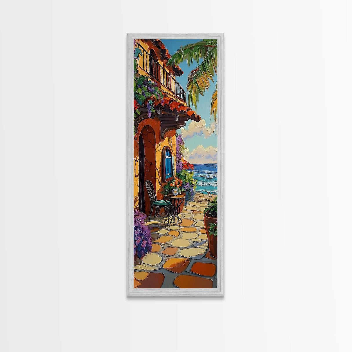 Patio, Ocean, Palm Trees, Tropical Coastal Balcony Framed Canvas Print, Boho Beach House Art, Outdoor Dining Wall Decor, Summer Vibes