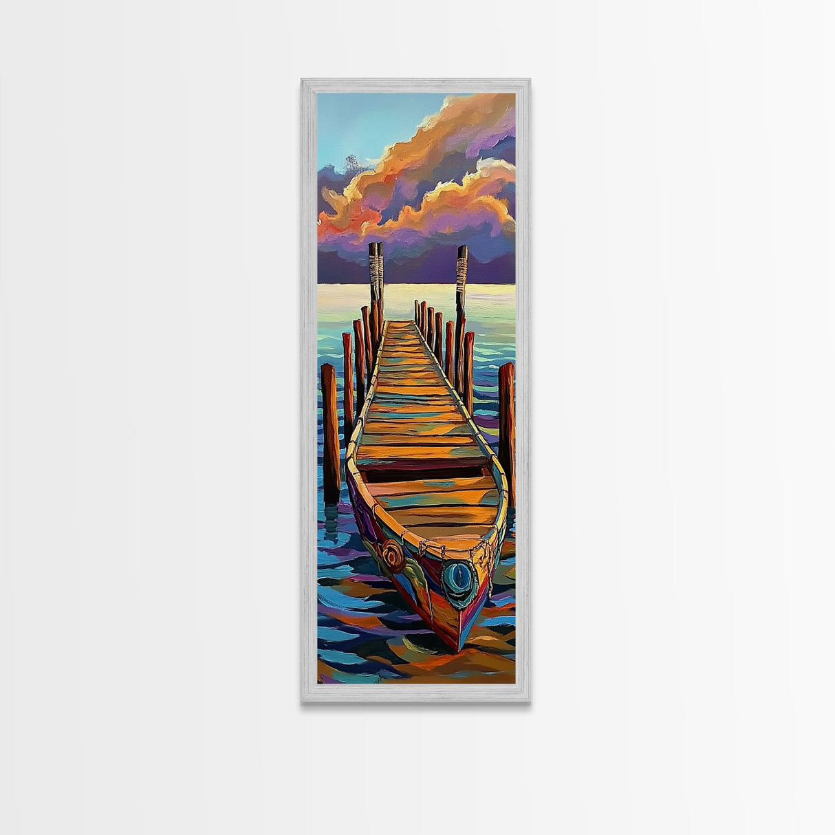 Boat, Dock, Sunset, Water, Canvas Print, Serene Nautical Wall Art, Lakehouse Decor, Minimalist Ocean Landscape, Peaceful Seascape