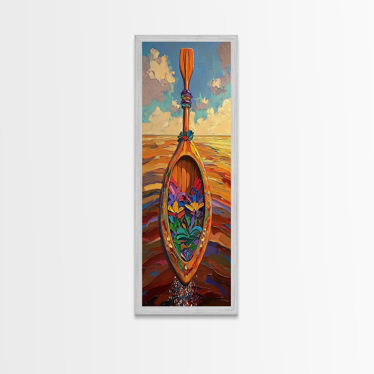 Oar, Flowers, Sea, Paddle - Framed Canvas Print, Coastal Boho Art, Colorful Nautical Decor, Beach House Wall Art, Hallway Canvas Piece