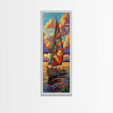 Sailboat Sunset, Nautical Colors, Coastal Adventure Wall Art, Tropical Summer Decor, Beach House Style, Framed Canvas Print