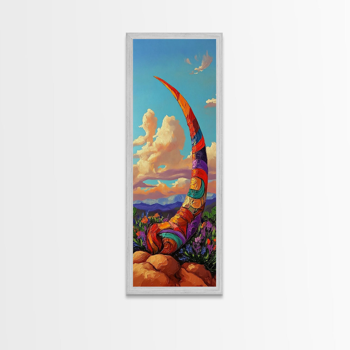 Horn, Abstract, Desert, Vibrant Desert Horn Framed Canvas Print, Surreal Boho Wall Art, Rustic Southwest Decor, Meditation Room Accent