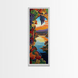 Grapevine Sunset, River, Wine Country Landscape Framed Canvas Print, Kitchen Wall Art, Autumn Boho Decor, Colorful Vineyard Scene