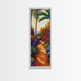 Tropical Pathway, Palms, Jungle Walkway Framed Canvas Print, Bohemian Wall Art, Bedroom Botanical Decor, Vibrant Nature Illustration