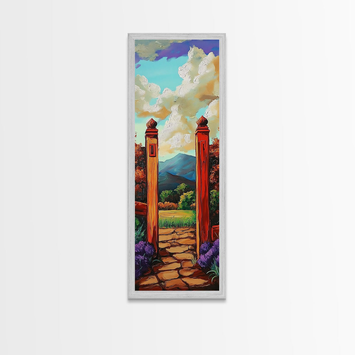 Country Gate, Meadow, Rustic Garden Landscape Framed Canvas Print, Farmhouse Wall Art, Autumn Entryway Decor, Peaceful Nature Scene