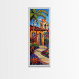 Spanish Villa, Garden, Tropical House Framed Canvas Print, Southwestern Wall Decor, Vibrant Living Room Art, Colorful Home Scene
