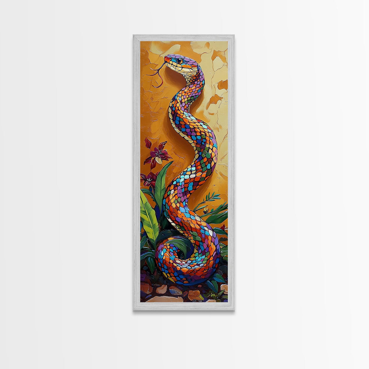 Colorful,Snake, Garden, Bold Mosaic Serpent Framed Canvas Print, Bohemian Wall Art, Unique Nature Decor, Southwestern Living Room