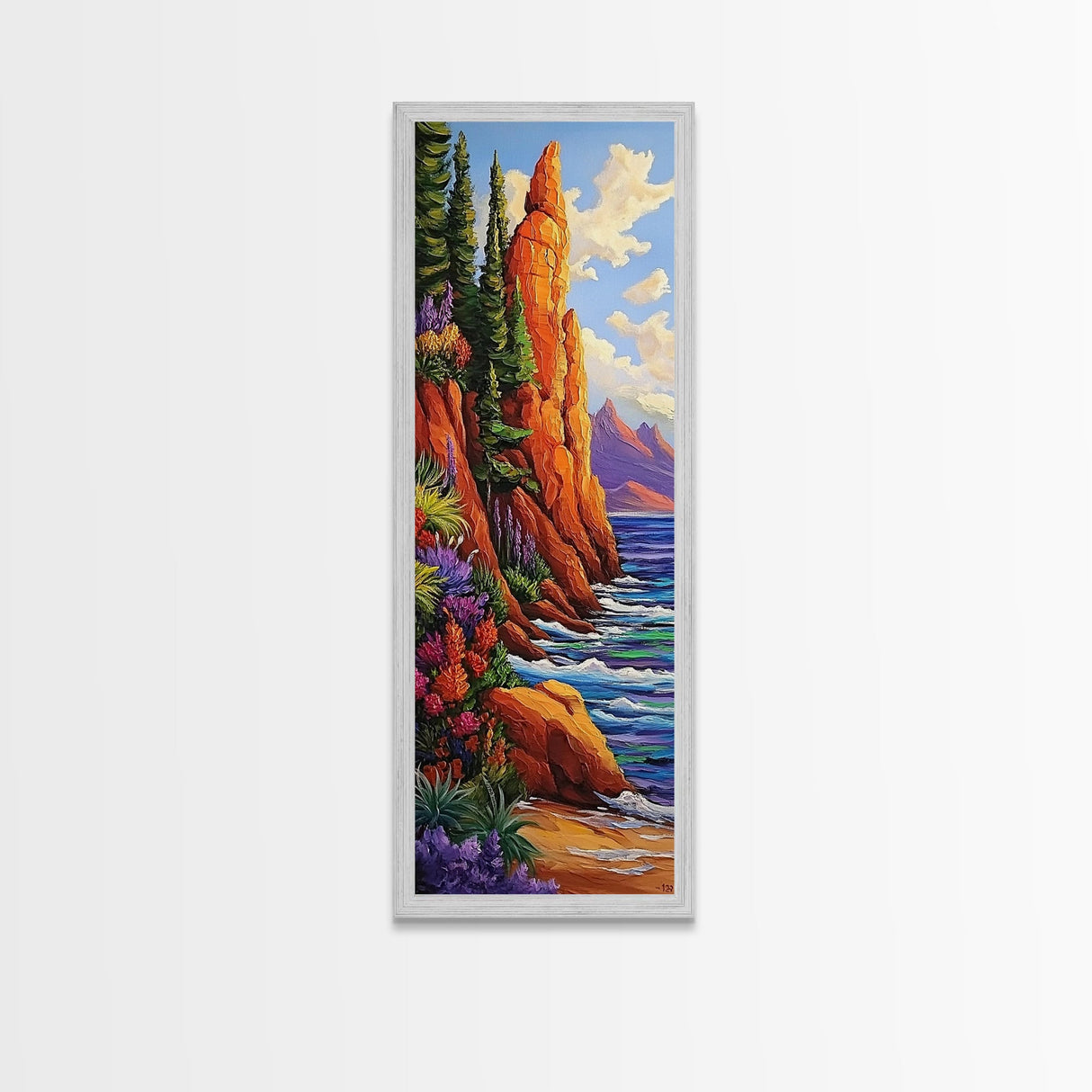 Rocky Shore, Wildflowers, Nature Trail, Framed Canvas Print, autumn coastal wall art, mountain and sea landscape, rustic home decor