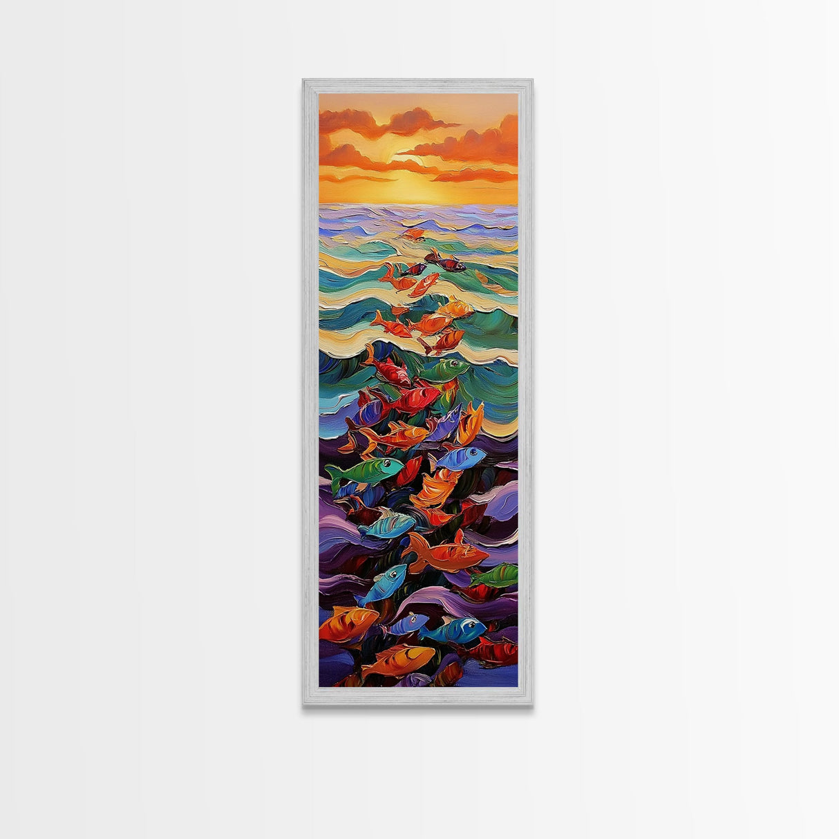 Ocean Journey, Colorful Fish, Sunrise Waves, Framed Canvas Print, vibrant coastal fish painting, kids room or nautical beach house art