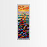 Ocean Journey, Colorful Fish, Sunrise Waves, Framed Canvas Print, vibrant coastal fish painting, kids room or nautical beach house art