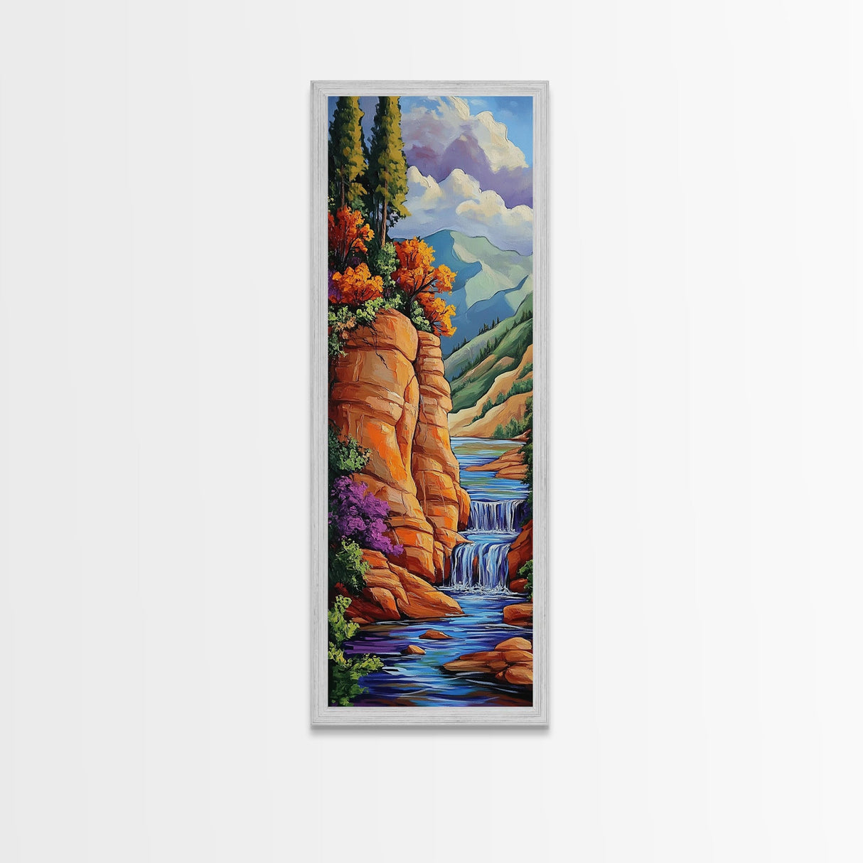 Mountain Stream, Waterfall Glow, Fall Colors, Framed Canvas Print, rustic autumn landscape, cozy cabin or lodge wall art, nature lover gift