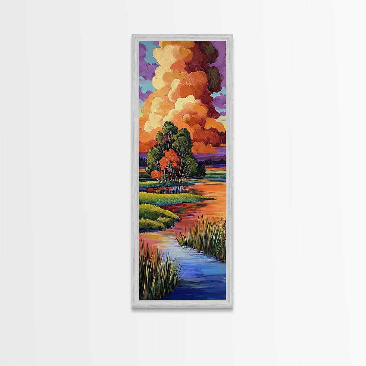 Autumn Marsh, Sunset Glow, Serene Trees, Framed Canvas Print, warm fall landscape art, peaceful country home decor, boho wall design