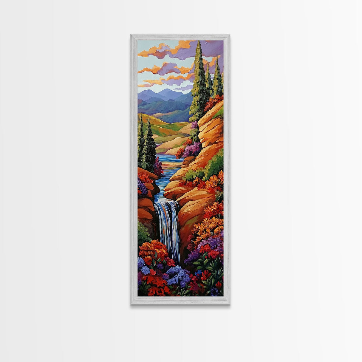 Autumn Waterfall, Flowers, Pathway, Framed Canvas Print, fall waterfall art, floral canyon decor, rustic landscape, living room wall art