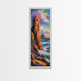 Coastal Cliffs, Ocean, Sunset, Framed Canvas Print, Bold coastal cliffs wall art, dramatic seascape beach decor, contemporary ocean painting