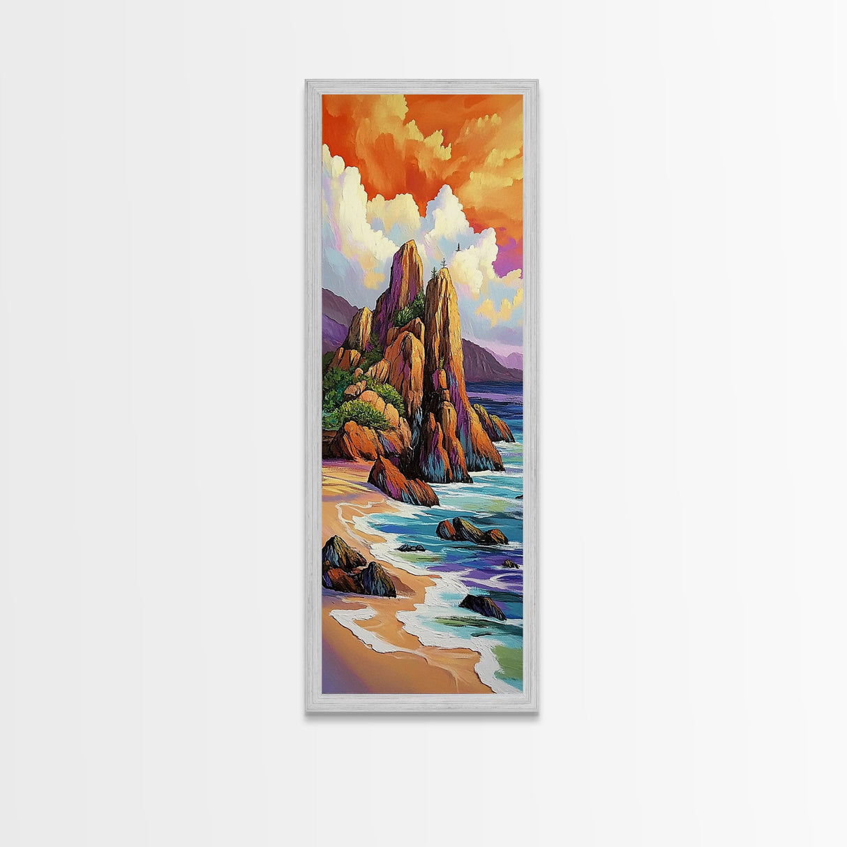 Seascape Beach, Sunrise, Rocks, Framed Canvas Print, Coastal seascape beach painting, vivid sunrise wall decor, coastal living room wall art