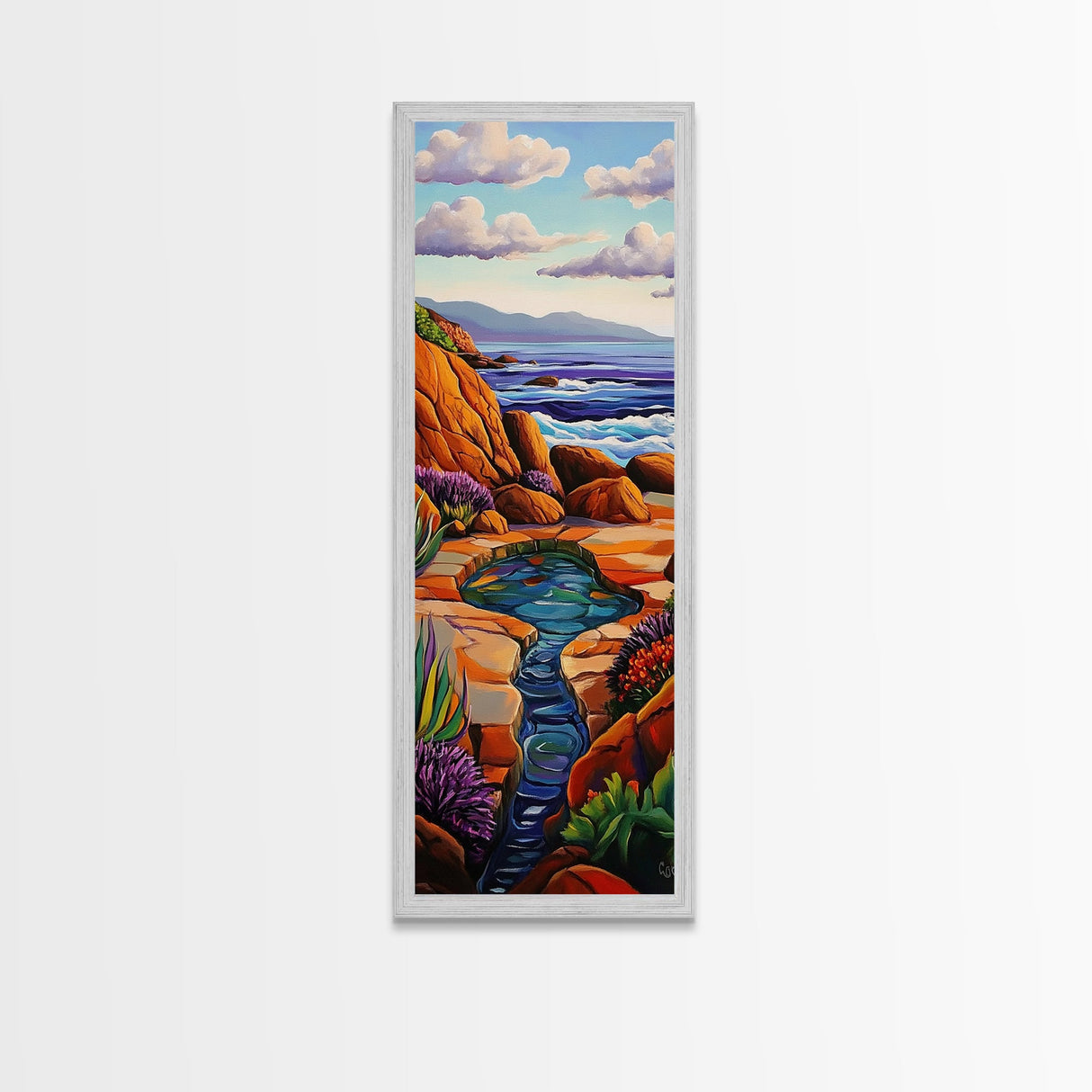 Waves Rocks, Ocean, Pastel, Framed Canvas Print, Crashing wave pastel seascape painting, calming ocean wall decor, coastal home design