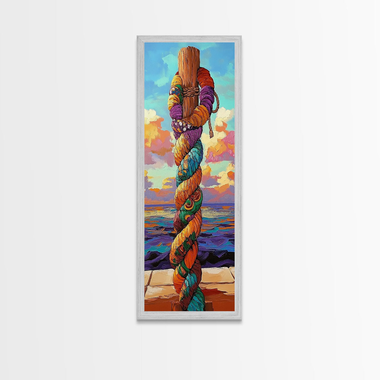 Nautical Rope, Pier, Art – Framed Canvas Print beach house decor, coastal rope wall art, nautical theme, vibrant colors, bathroom wall art