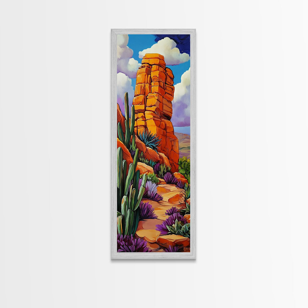 Desert Rock, Cactus, Trail – Canvas Print desert landscape art, boho western decor, rustic cactus painting, hallway wall decor, earthy tones