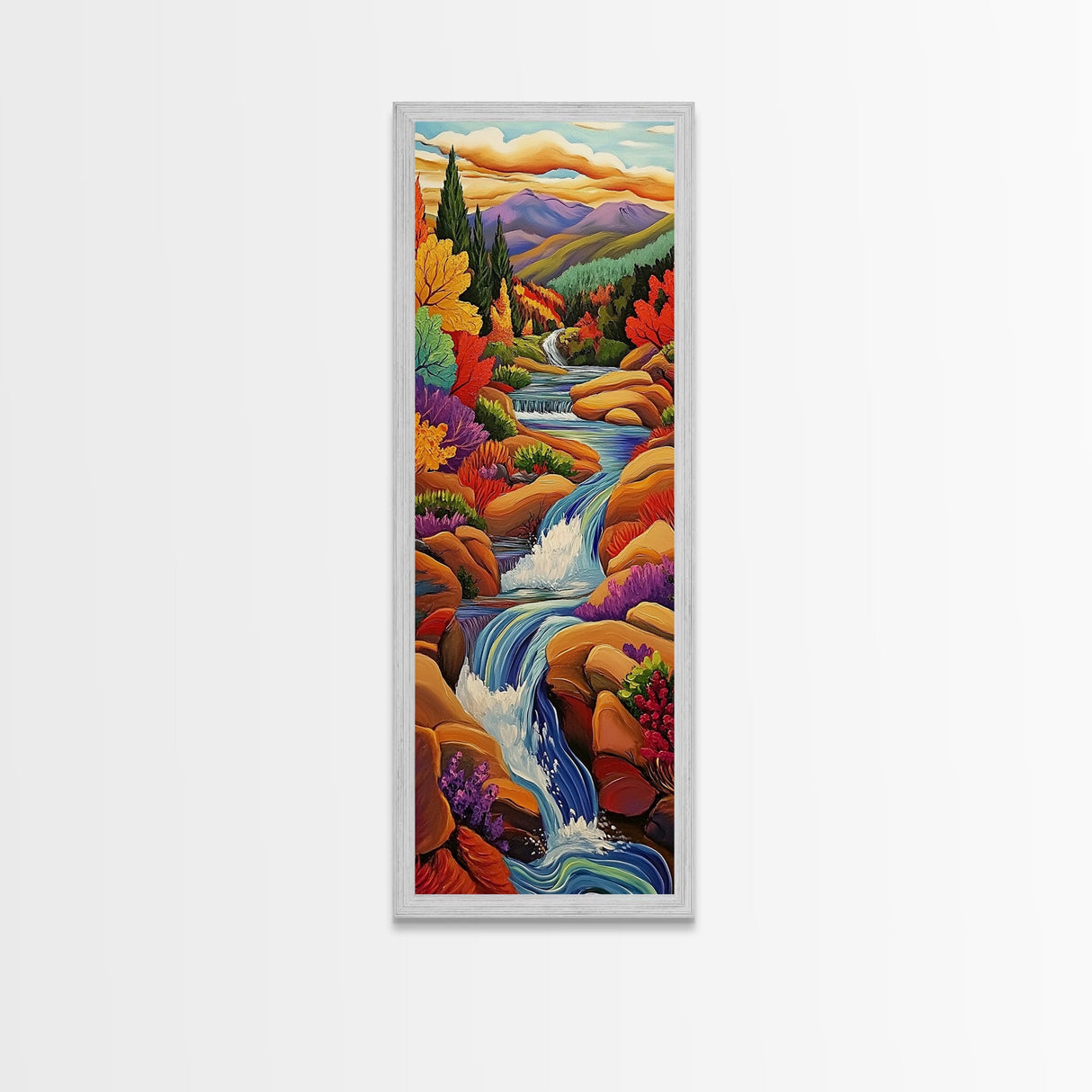 Autumn Waterfall, Mountain, River — Canvas Print of fall mountain river scene, great for Rustic Cabin Decor or Autumn Living Room Wall Art