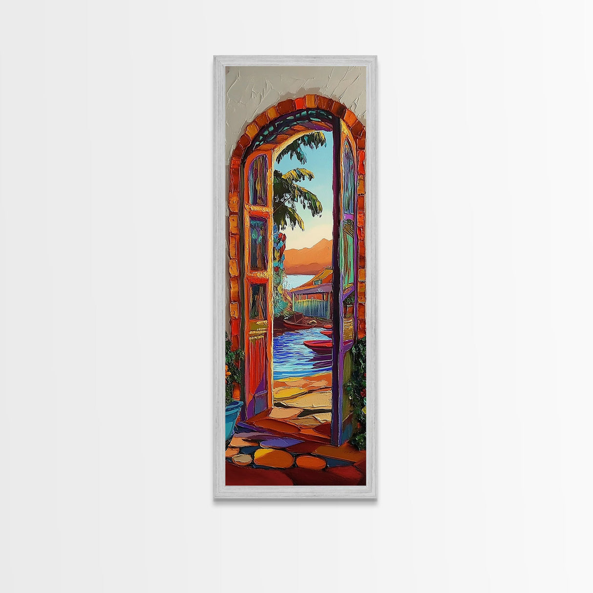 Open Doorway, Water, Boats — Canvas Print of seaside view through open door, perfect Coastal Bathroom Wall Art or Tropical Living Room Decor