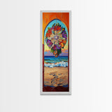 Sunset Beach, Mandala, Coastal Archway Framed Canvas Print, Boho Ocean Wall Art, Vibrant Entryway Decor, Spiritual Coastal Style