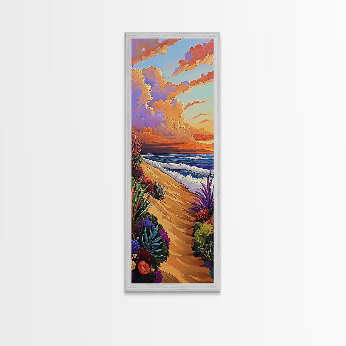 Seaside Sunset, Floral, Ocean Pathway Canvas Print, Vibrant Beach Decor, Coastal Hallway Wall Art, Bold Bohemian Beach Painting