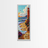 Lighthouse Beach, Nautical, Sunset Glow Framed Canvas Print, Ocean Wall Art, Coastal Living Room Decor, Seaside Boho Painting