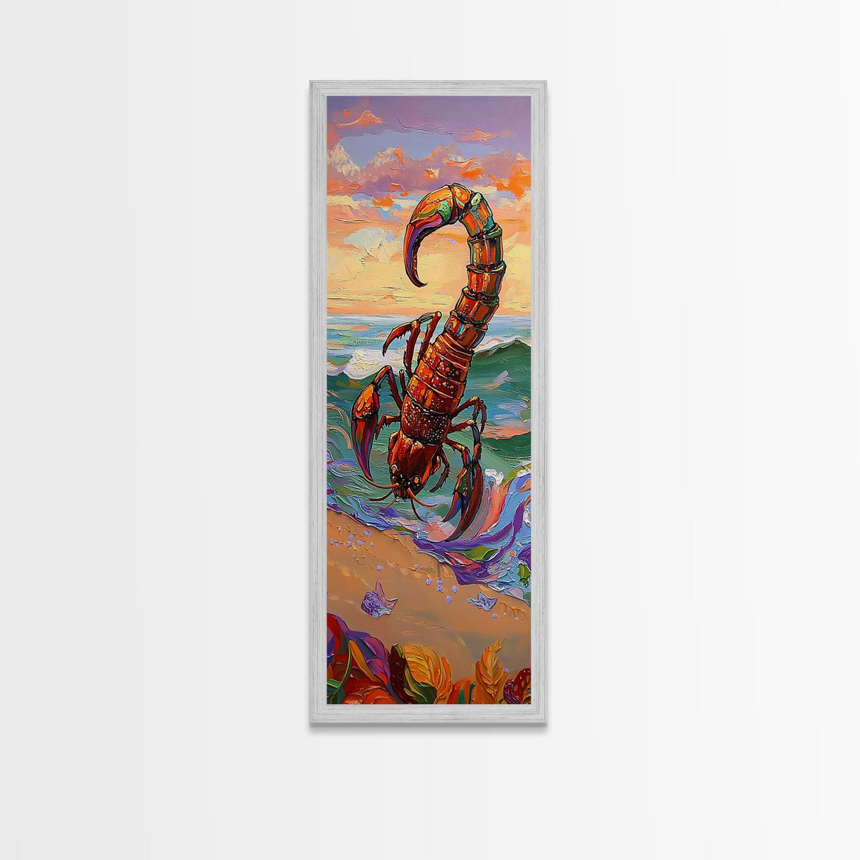 Scorpion Ocean, Sunset, Framed Canvas Print, Bold Coastal Wall Art, Beach Bedroom Decor, Vibrant Nautical Style, Surreal Animal Artwork