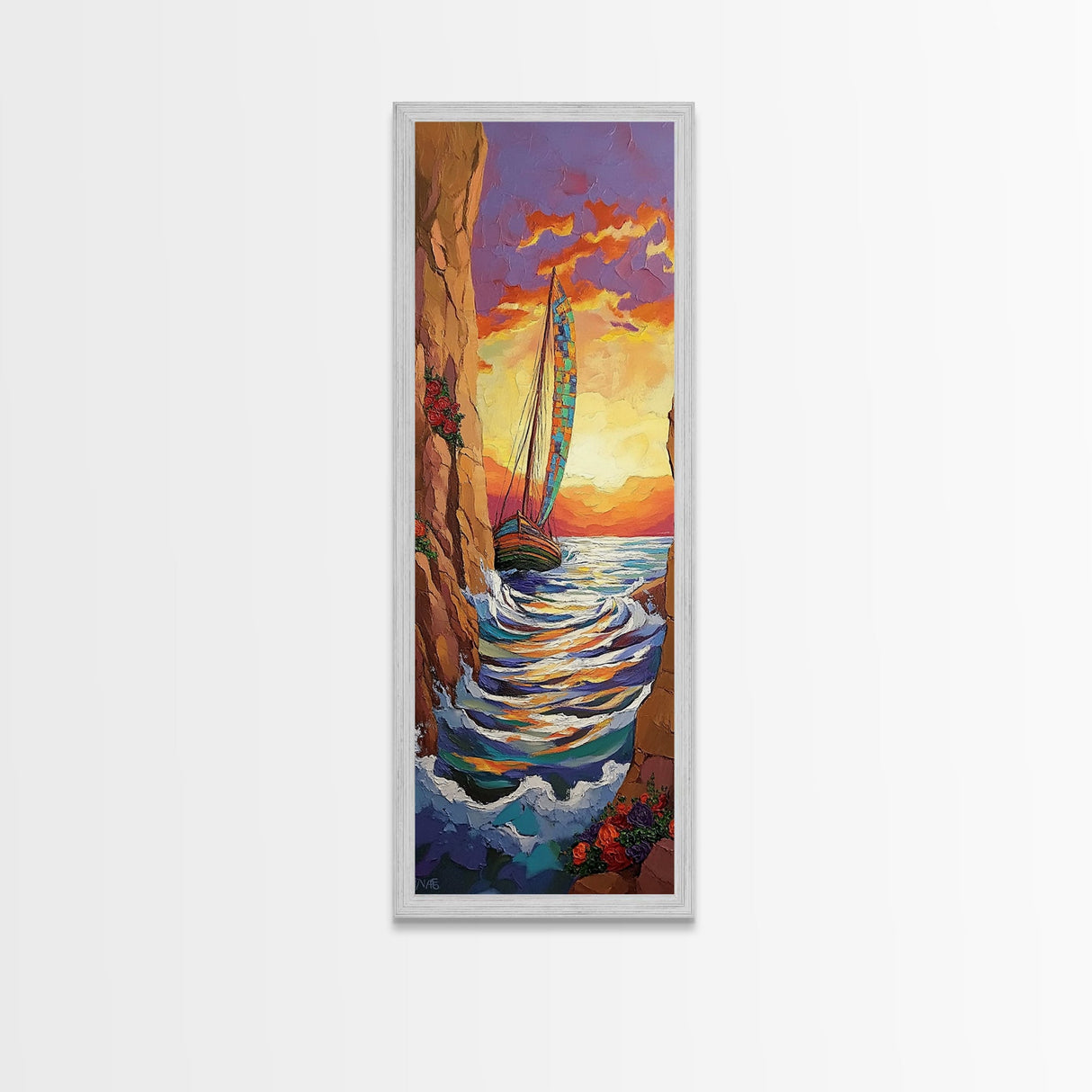 Sailboat Sunset, Cliff, Canvas Print, Vibrant Nautical Wall Art, Boho Coastal Decor, Adventure Beach House Living Room Statement