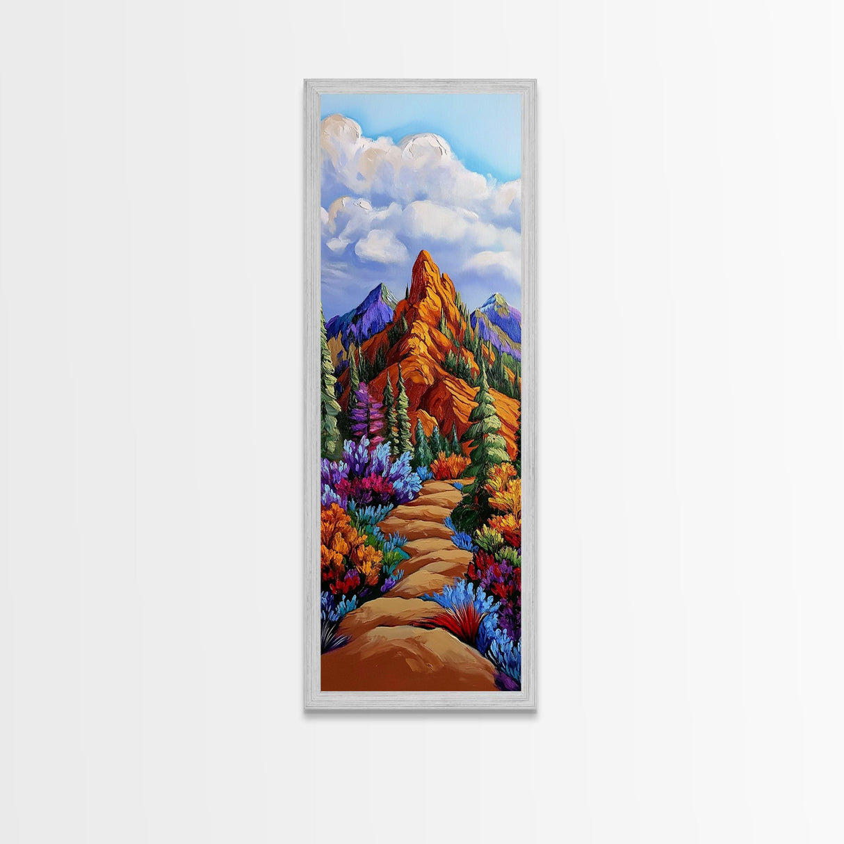 Trail Path, Wildflowers, Mountain View, Nature Escape Scene, Framed Canvas Print, Rustic Boho Wall Art, Cabin Entryway Decor