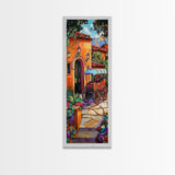 Cart Villa, Garden, Framed Canvas Print, Vibrant Mexican courtyard with wooden cart painting, hacienda decor, hallway rustic wall art