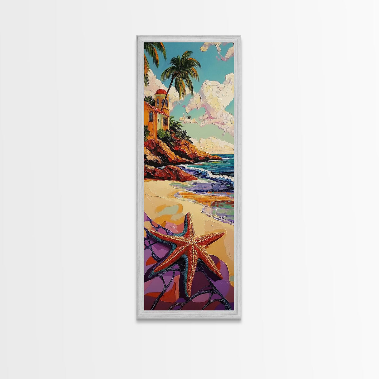 Starfish Beach, Tropical, Canvas Print, Coastal starfish painting with vivid shore and ocean view, beach house decor, guest room wall art