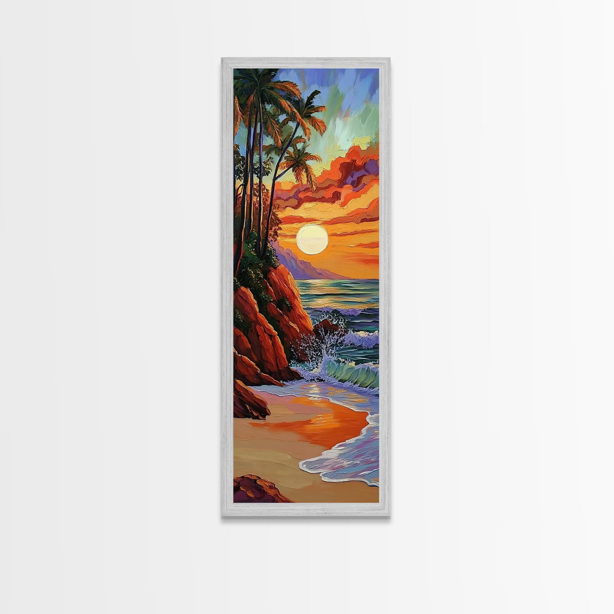 Tropical Sunset, Palms, Beach Framed Canvas Print vibrant tropical sunset scene, palm tree ocean art, vacation vibes, hallway wall print