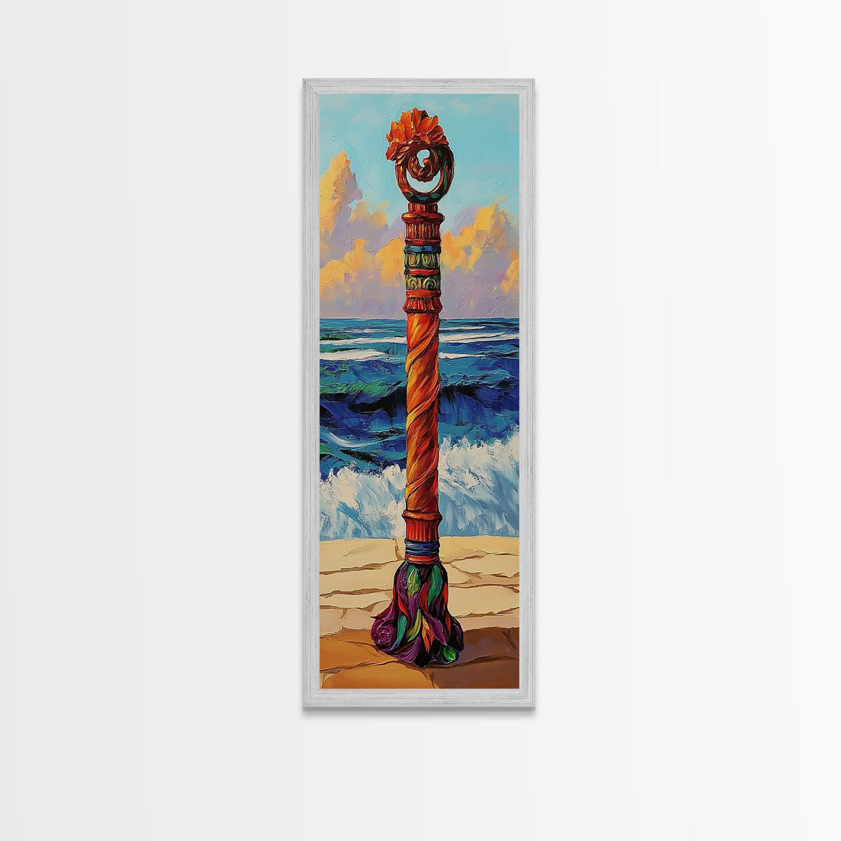Coastal Totem, Bold, Art, Framed Canvas Print tropical tribal decor, ocean beach vibes, colorful surfside pole painting, seaside living room