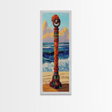 Coastal Totem, Bold, Art, Framed Canvas Print tropical tribal decor, ocean beach vibes, colorful surfside pole painting, seaside living room