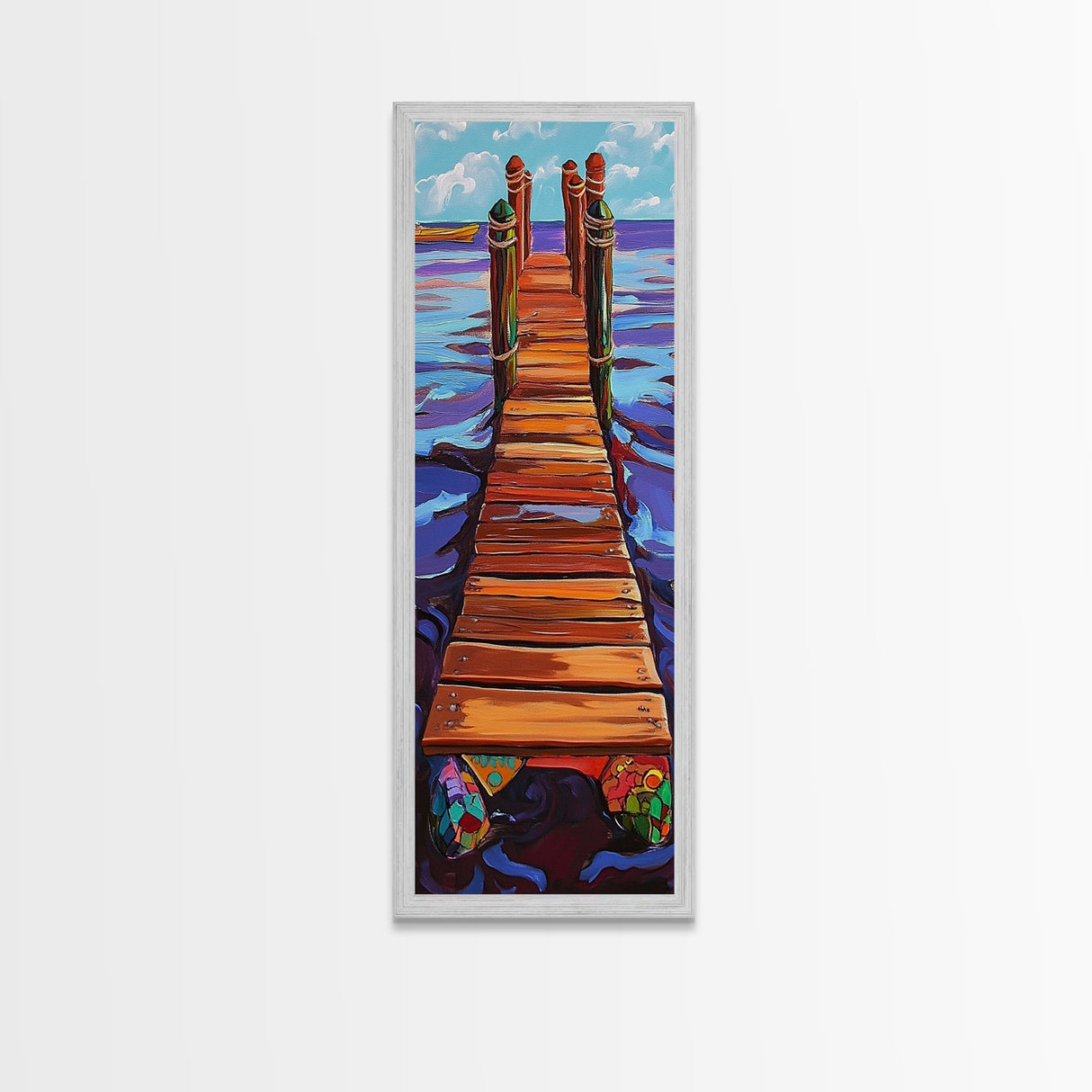 Dock Ocean, Pier, Framed Canvas Print, Seaside Wall Art, Nautical Coastal Decor, Whimsical Ocean Painting, Beach House Style
