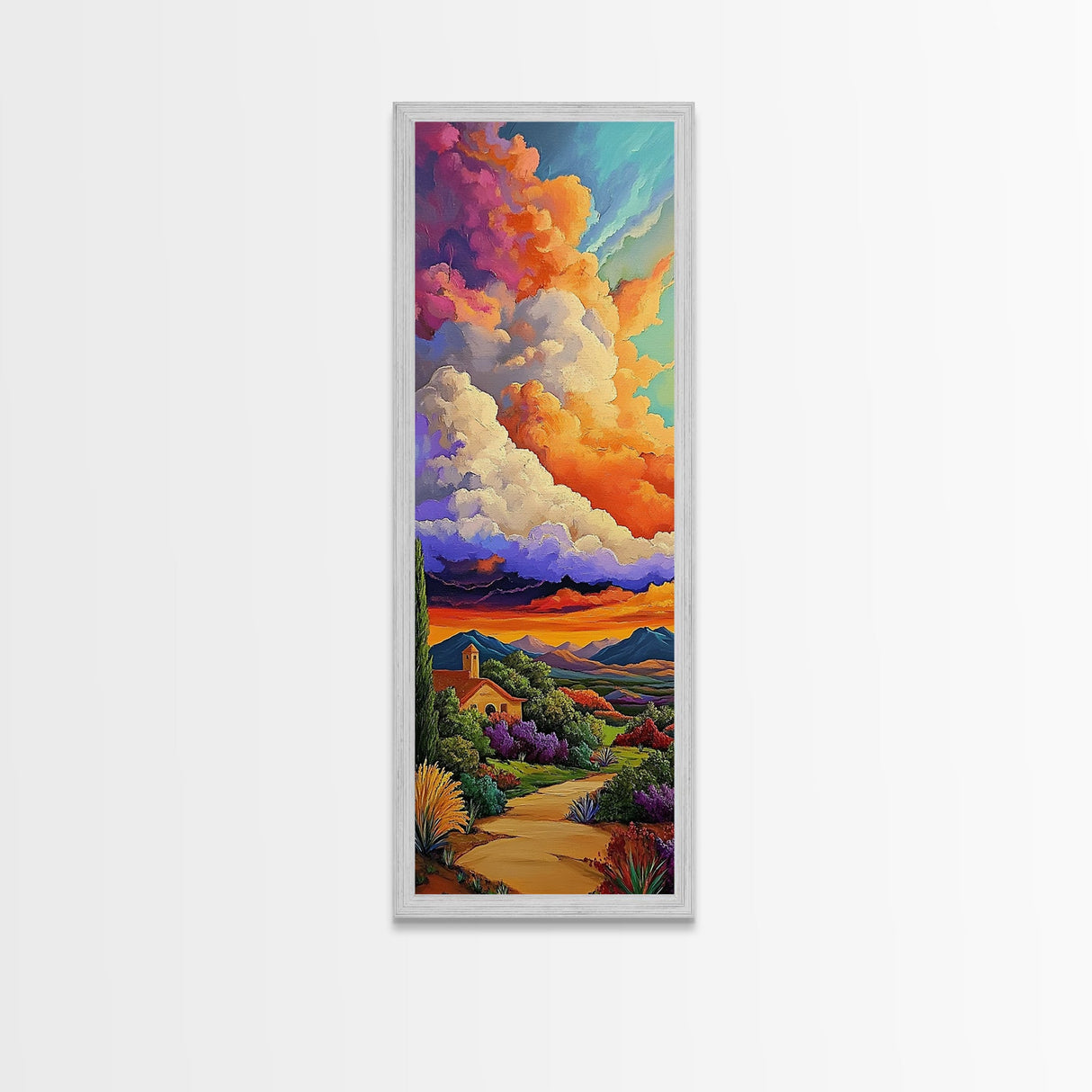 Church Sunset, Mountains, Framed Canvas Print, Autumn Landscape Wall Art, Rustic Living Room Decor, Colorful Fall Countryside Scene