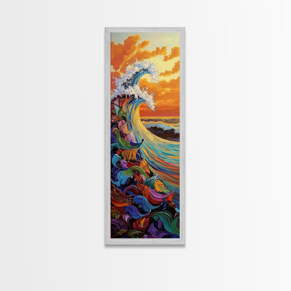 Ocean Wave, Sunset, Splash - Framed Canvas Print coastal wall art, colorful seascape decor, vibrant wave art, living room beach painting