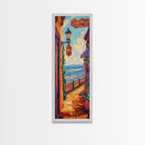Train Seaside, Pathway Charming — Framed Canvas Print, whimsical travel artwork, Mediterranean street painting, kitchen decor, coastal scene