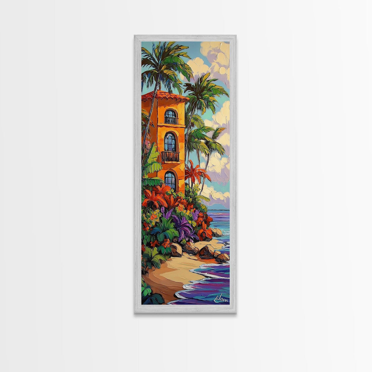 Villa Palms, Beach Colorful — Framed Canvas Print, tropical vacation home decor, beach house art, vibrant coastal scene, entryway print