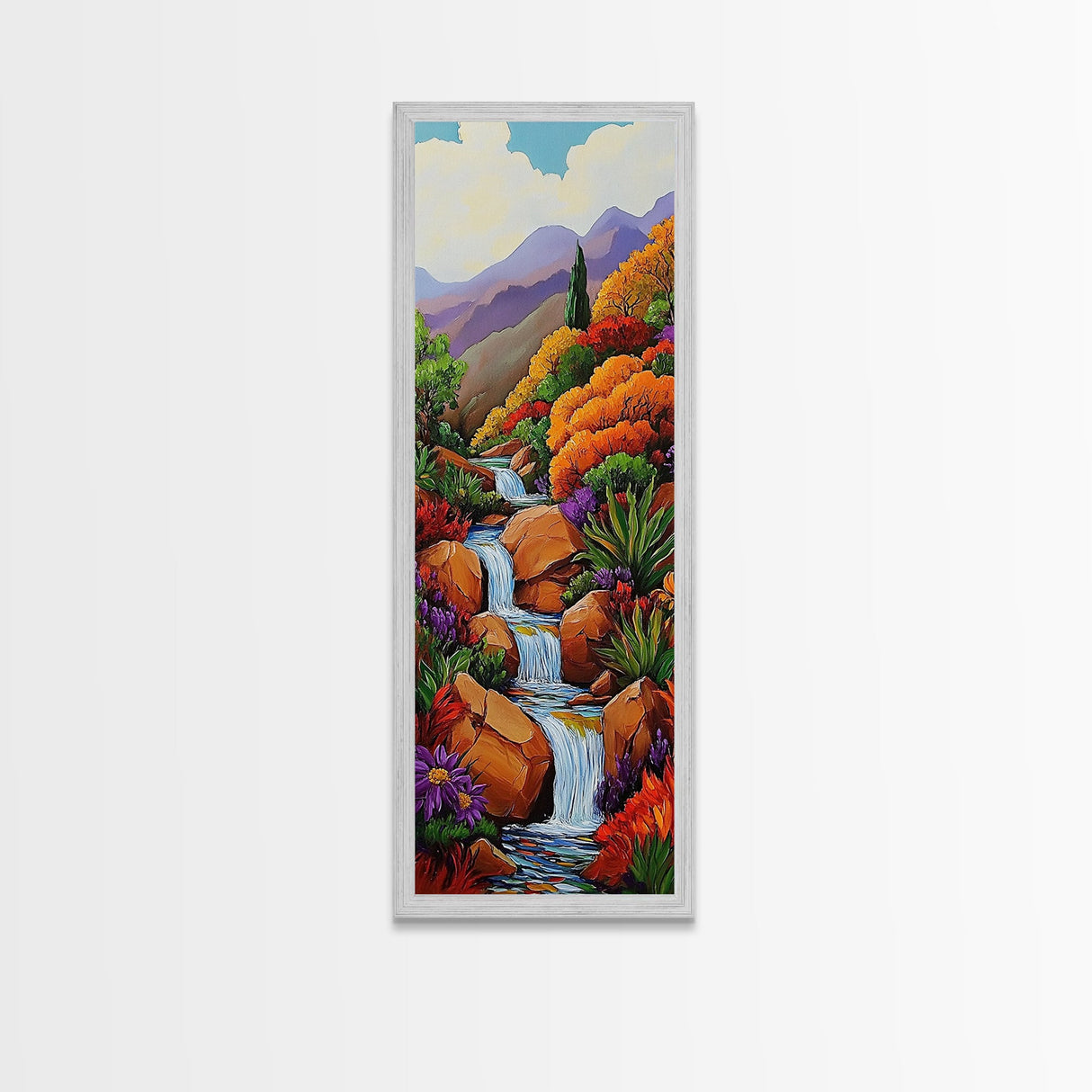 Waterfall Garden, Autumn Colors, Mountain Landscape Art, Framed Canvas Print, Nature Scene Wall Decor, Cozy Living Room Accent