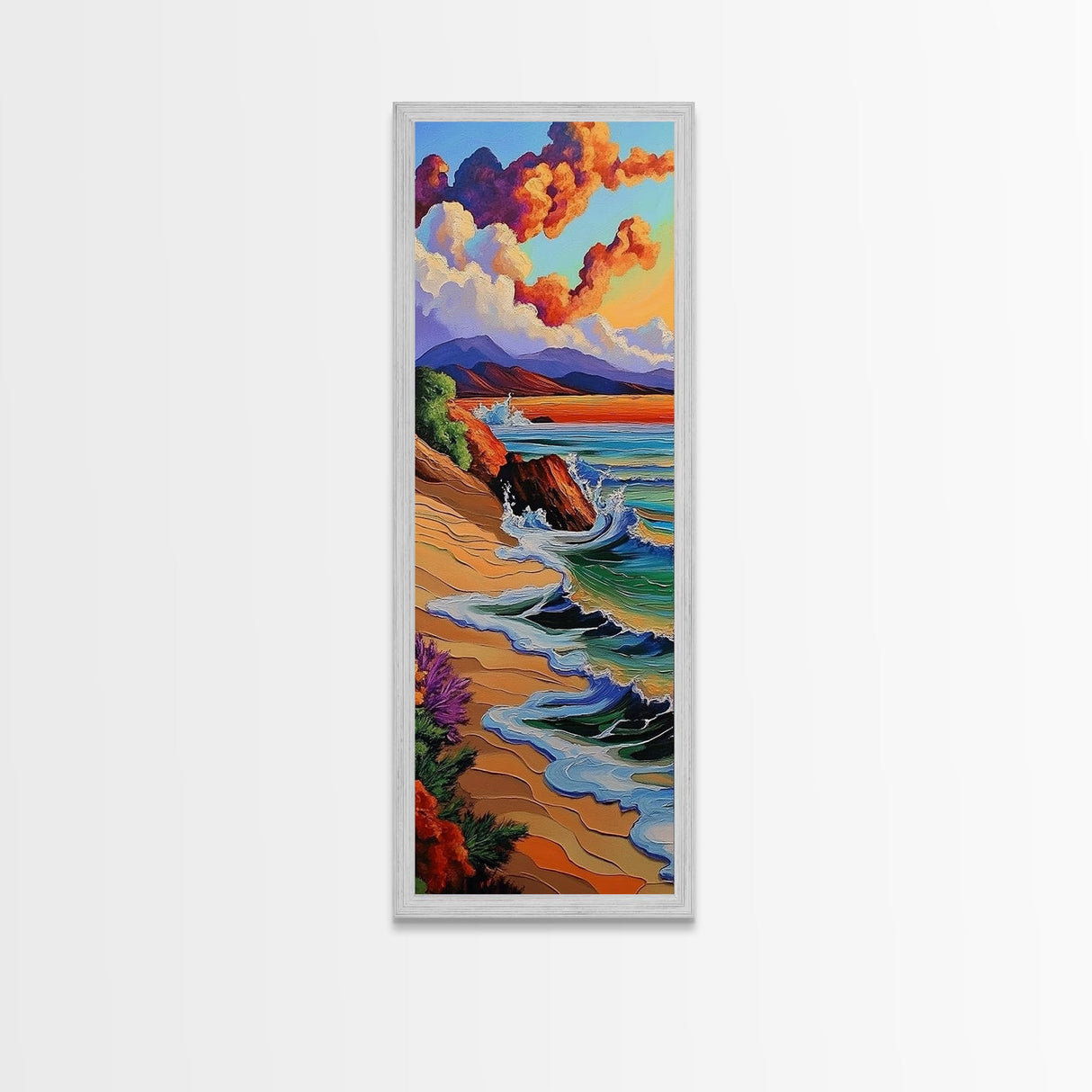 Sunset Beach, Bold Coastline, Ocean Horizon Art, Framed Canvas Print, Modern Landscape Wall Art, Vibrant Living Room Seascape