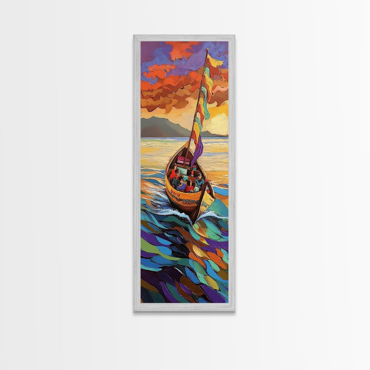 Colorful Boat, Sunset Sea, Vibrant Ocean Scene, Framed Canvas Print, Coastal Wall Decor, Eclectic Living Room Art, Nautical Wall Art