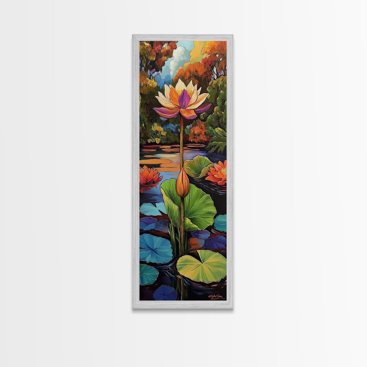 Lotus Blossom, Tranquil Pond, Fall Water Garden, Framed Canvas Print, Zen Wall Decor, Spa Bathroom Art, Peaceful Floral Meditation Art