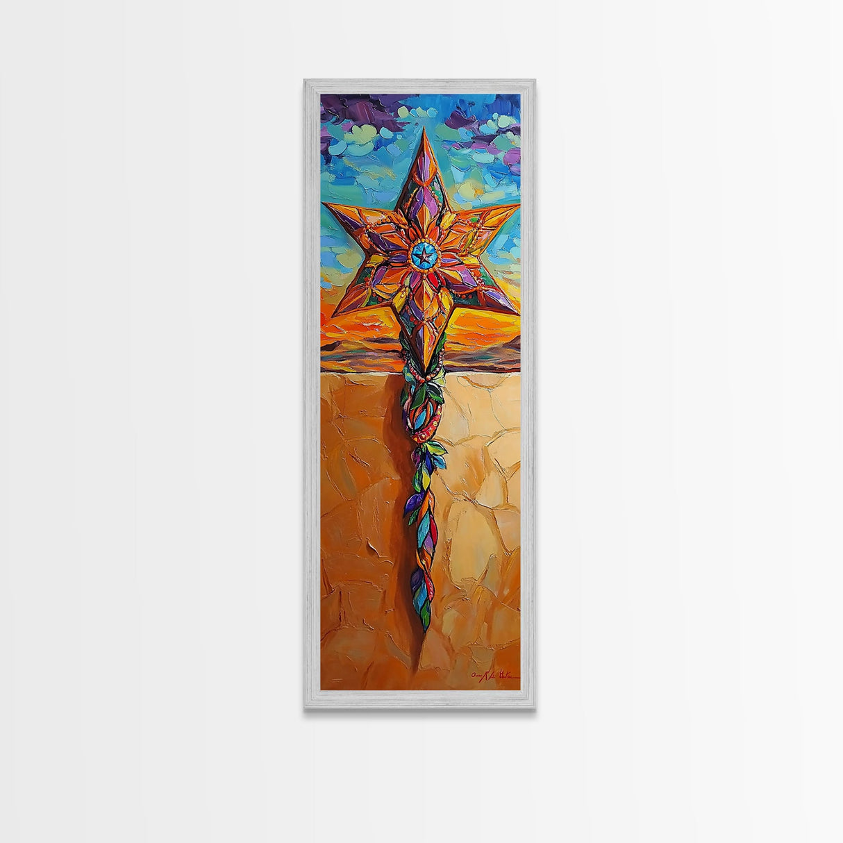 Star Cross, Colorful Sky, Spiritual Folk Symbol, Framed Canvas Print, Southwestern Wall Art, Vibrant Entryway Decor, Festive Religious Art