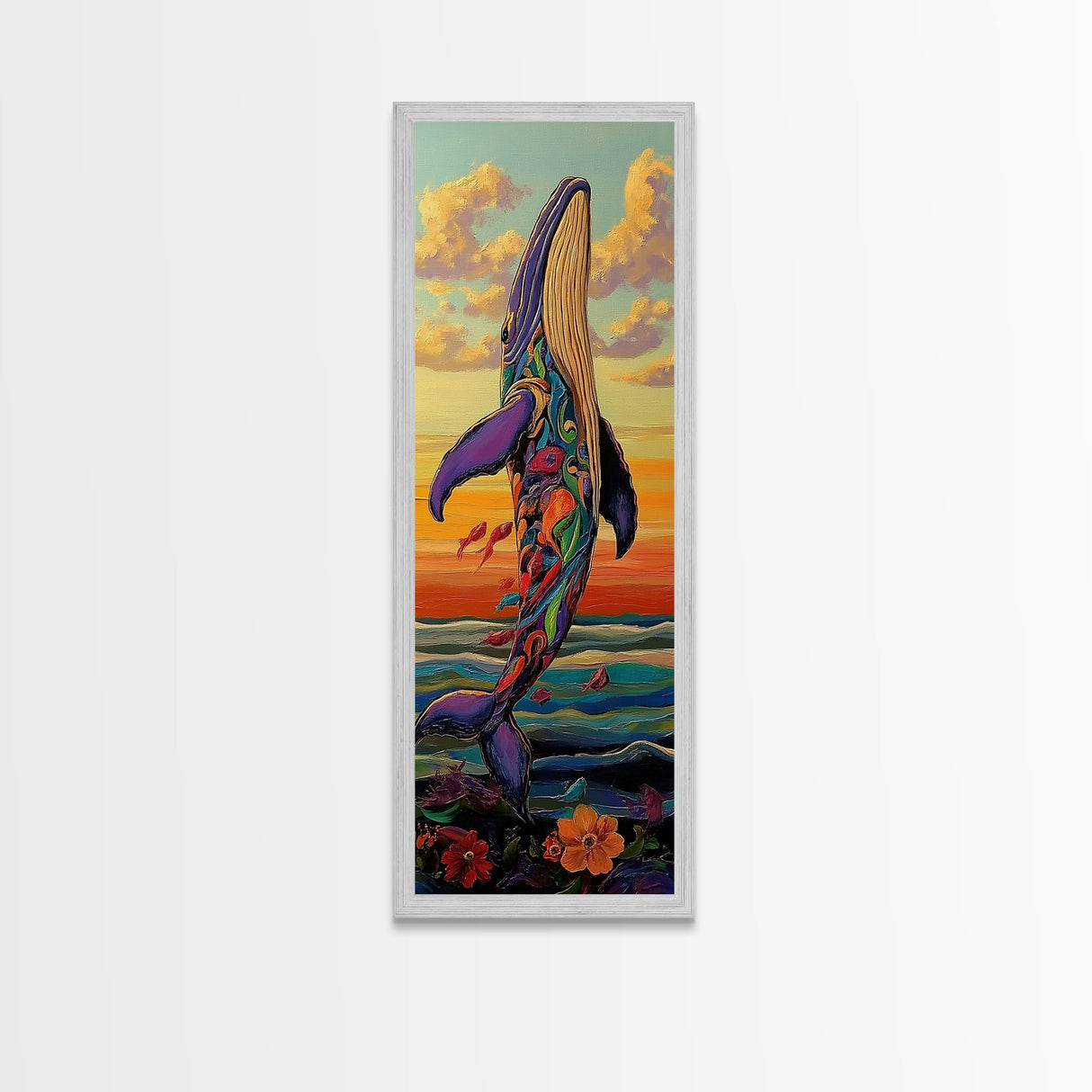 Rainbow Whale, Vibrant Ocean, Fantasy Sea Life, Framed Canvas Print, Whimsical Coastal Wall Art, Eclectic Living Room Nautical Decor