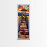 Sunset Pier, Pathway, Landscape, Framed Canvas Print, Coastal Wall Art, Sunset Beach Decor, Living Room Art, Colorful Landscape Painting