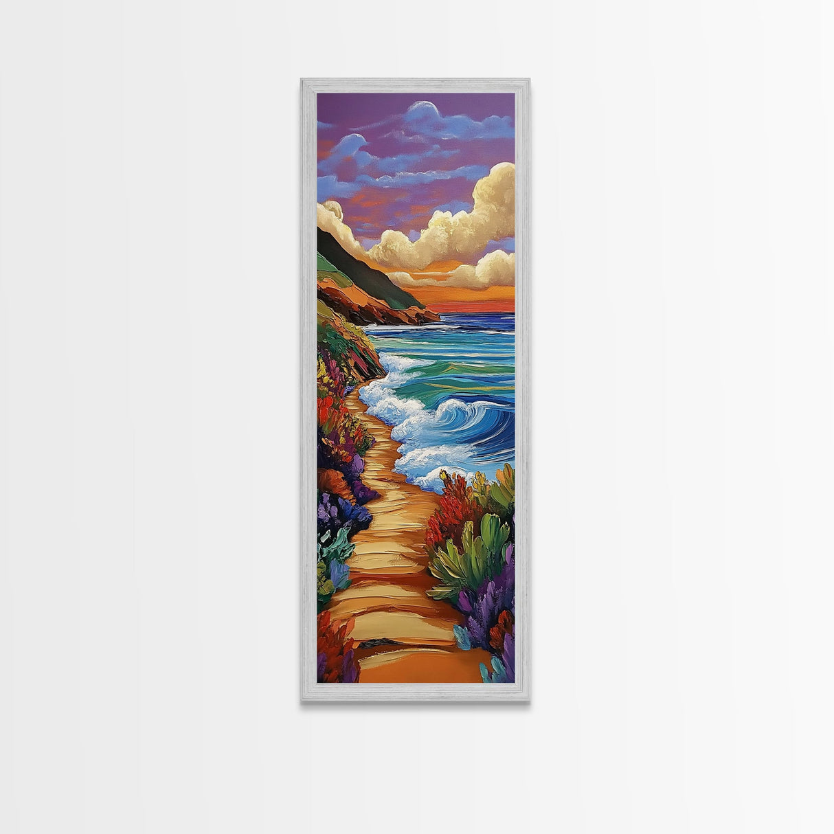 Beach Path, Coastal, Sunset, Framed Canvas Print, Ocean Wall Art, Beach House Hallway Decor, Colorful Nature Painting, Tropical Vibes